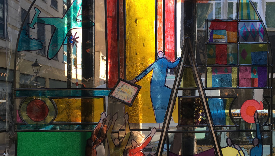 artwork with figures passing panes of glass up a ladder